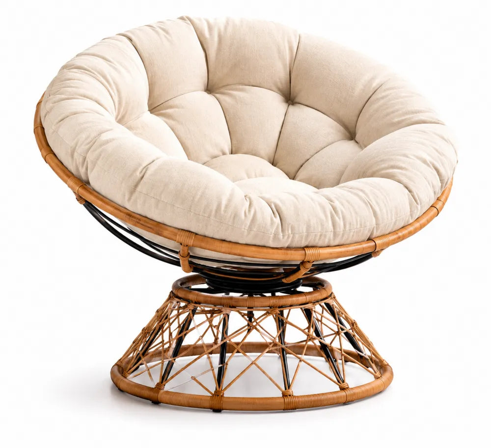 Poltrona Papasan in Rattan con Imbottitura Beige