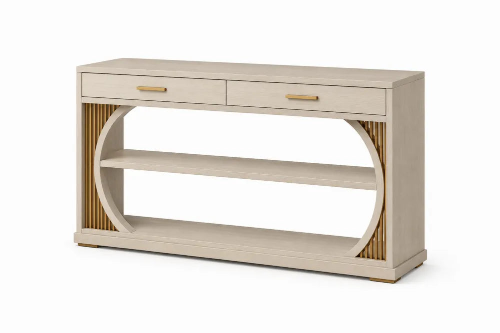 Consolle in Legno con Ripiani e Cassetti Beige/Oro