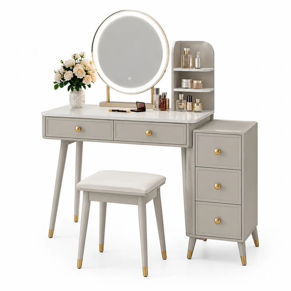 Toeletta in Legno Grigia con Specchio LED e Sgabello