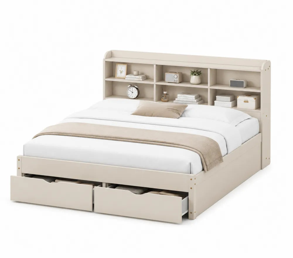 Letto Matrimoniale in Legno con Libreria e Cassetti Beige