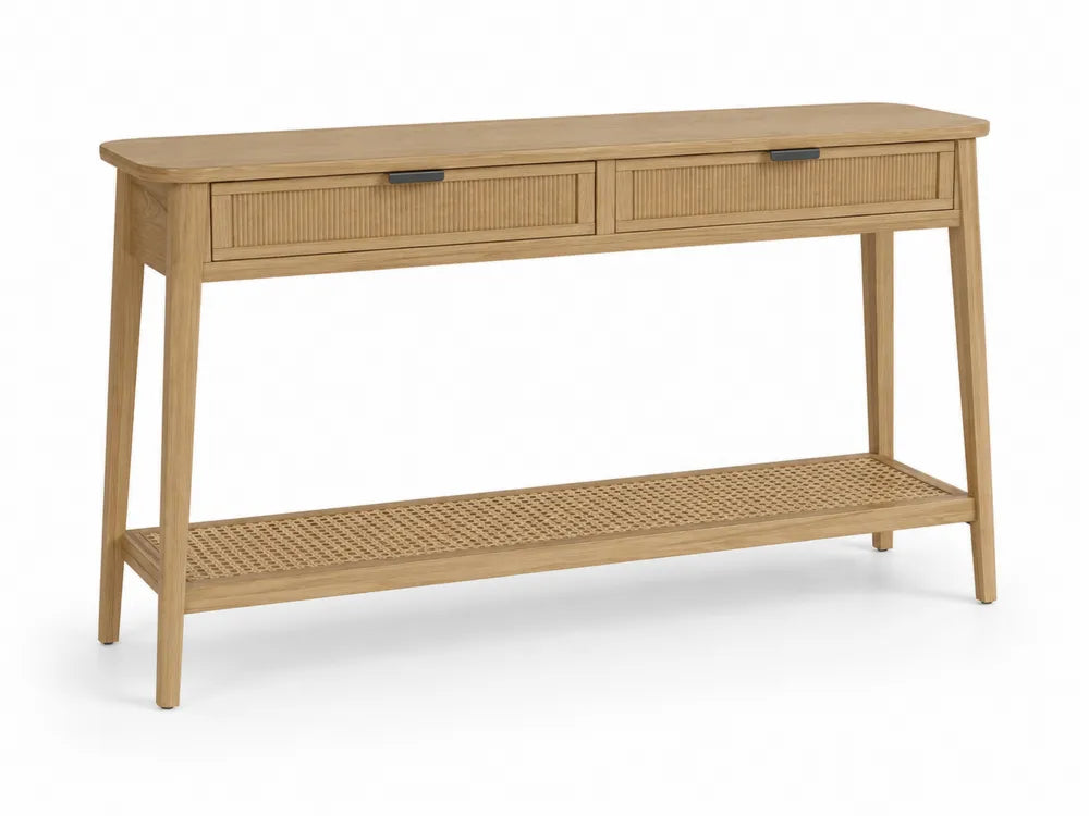 Consolle in Legno con Cassetti e Ripiano in Rattan