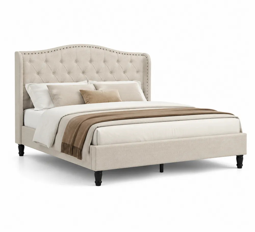 Letto matrimoniale in tessuto beige con testiera trapuntata, 200x160 cm
