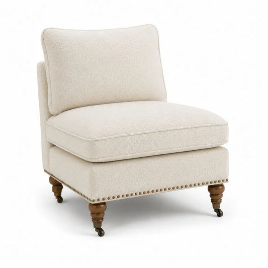 Poltrona in tessuto Bouclé beige con gambe in legno