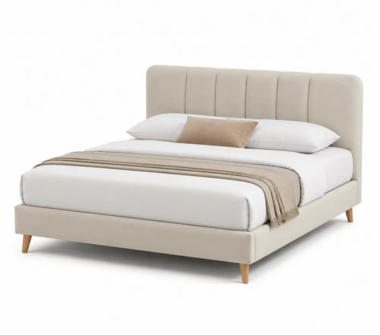 Letto matrimoniale in tessuto imbottito beige 160x200 cm