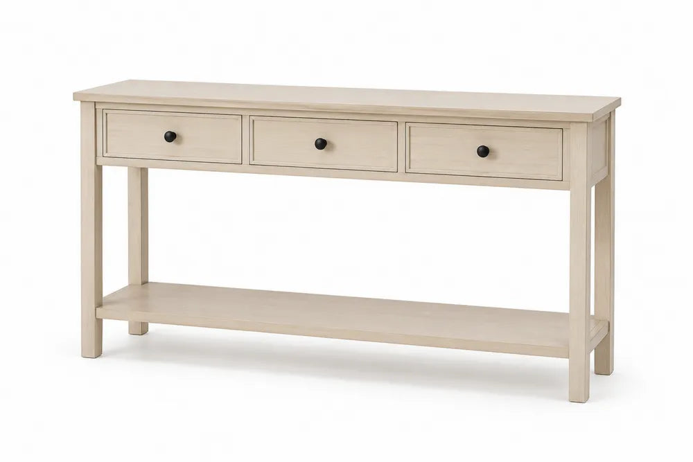 Consolle in legno massello beige a tre cassetti