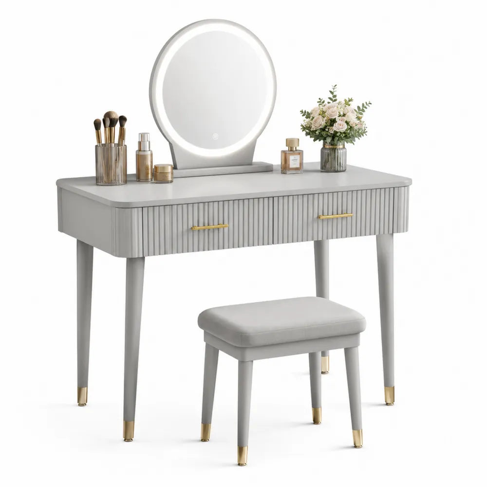 Tavolo da Trucco in Legno con Specchio Illuminato e Sgabello Grigio