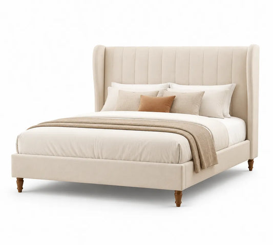 Letto matrimoniale imbottito in tessuto crema con struttura in legno