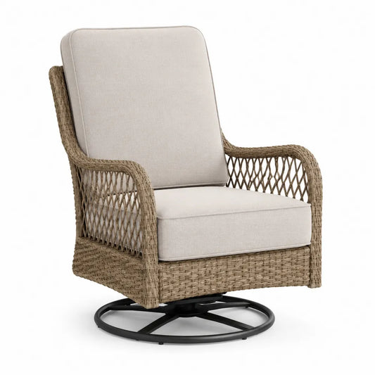 Poltrona da Esterno in Rattan Sintetico con Base Girevole e Cuscini Beige