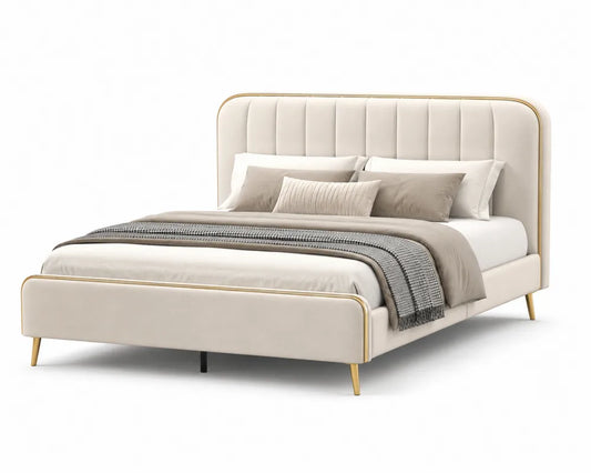Letto matrimoniale in tessuto con struttura in metallo Beige Oro