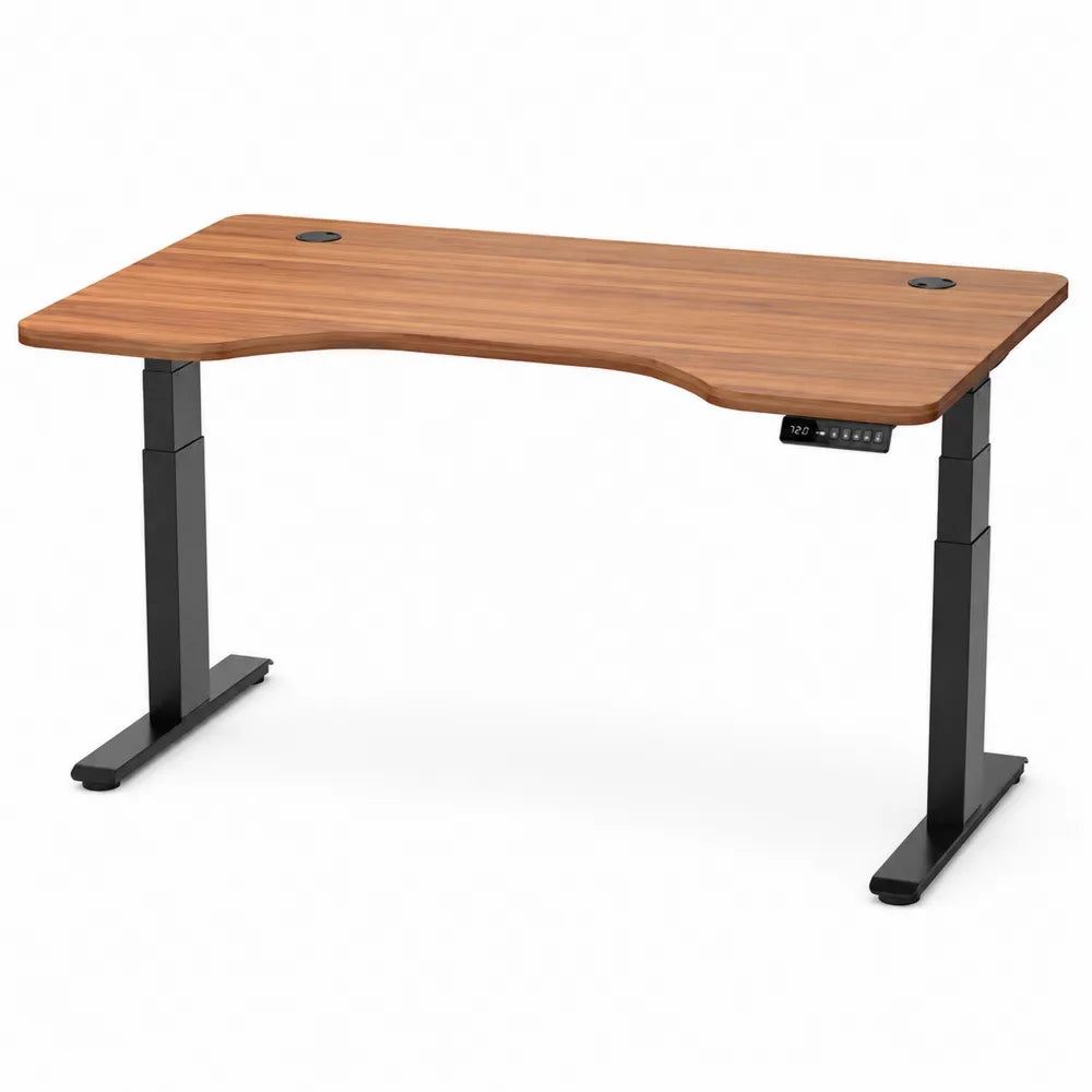 Scrivania regolabile in altezza con piano in legno e base in metallo