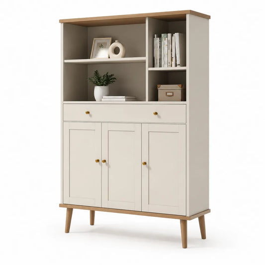 Mobile contenitore in legno con 3 ante e 1 cassetto, Bianco e Naturale