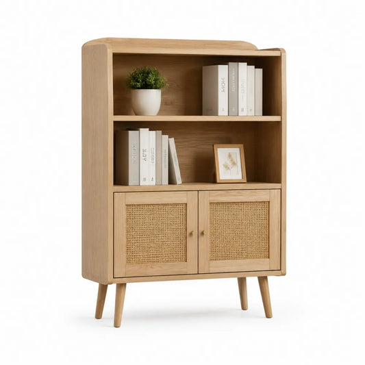 Libreria in legno di quercia con porte in rattan, 120x80x35 cm