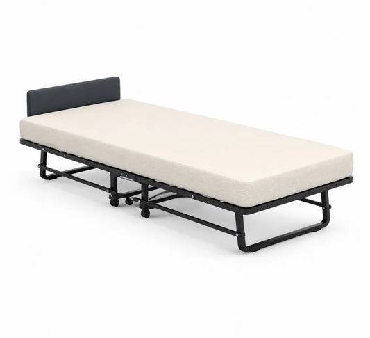 Letto pieghevole singolo con materasso in schiuma e struttura in metallo nero