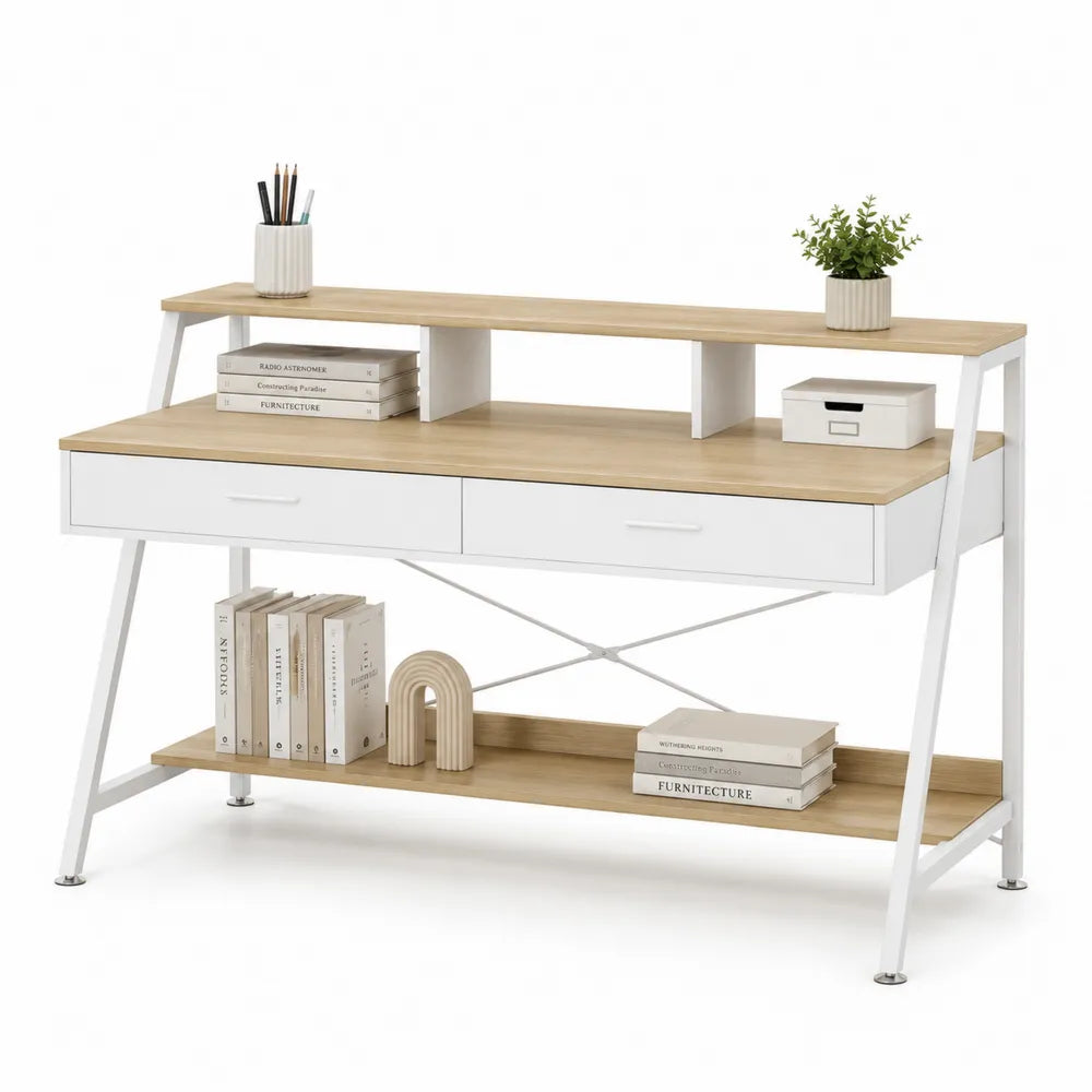 Scrivania in Metallo Bianco e Pannello MDF con 2 Cassetti