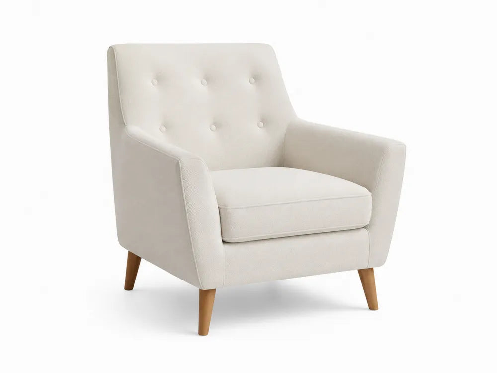 Poltrona in tessuto beige con gambe in legno