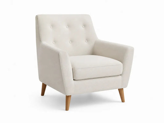 Poltrona in tessuto beige con gambe in legno